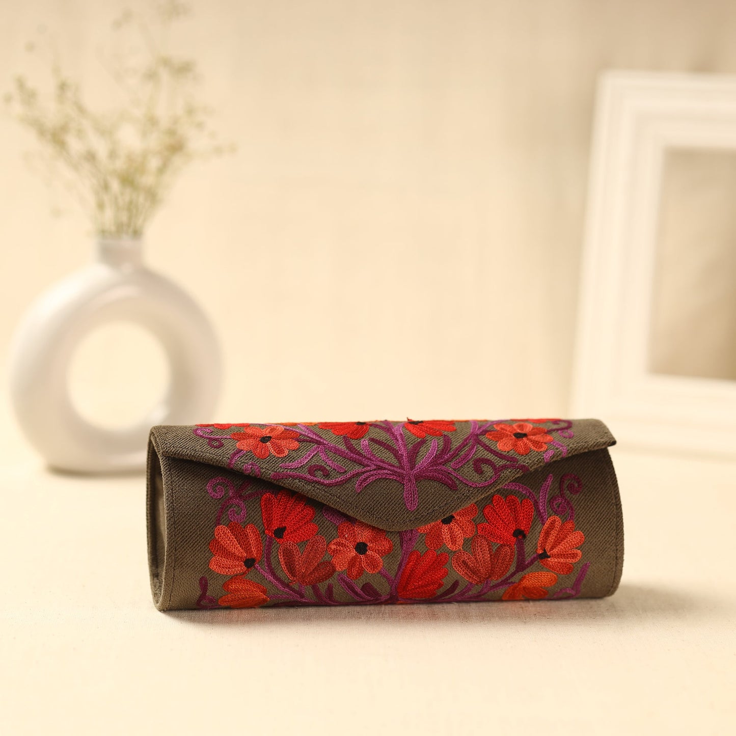 Brown Kashmiri Crewel Hand Embroidery Velvet Clutch