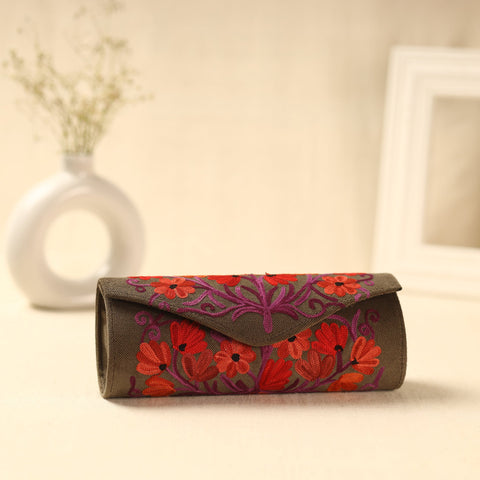 Brown Kashmiri Crewel Hand Embroidery Velvet Clutch