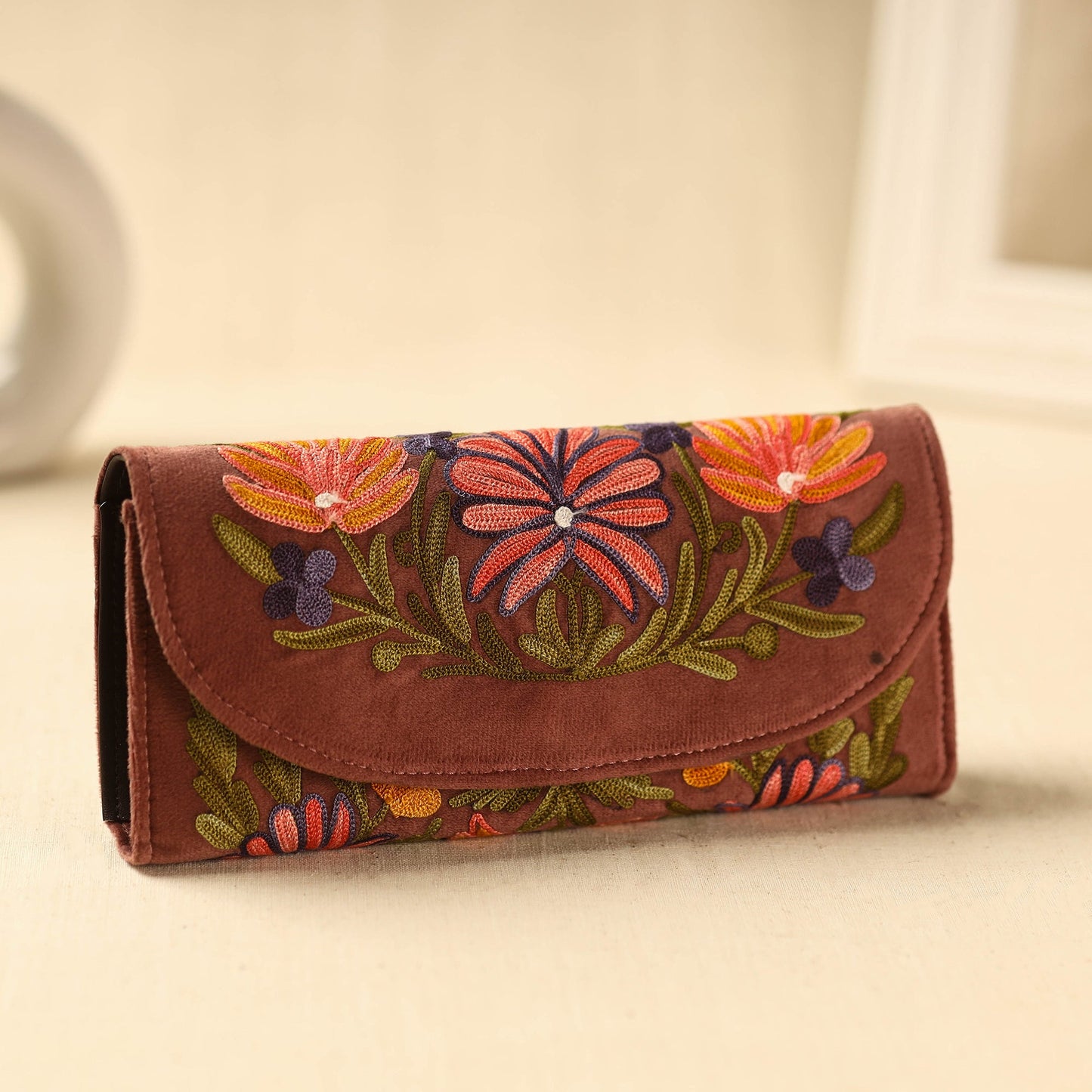 Brown Kashmiri Crewel Hand Embroidery Velvet Travel Wallet