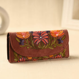 Brown Kashmiri Crewel Hand Embroidery Velvet Travel Wallet