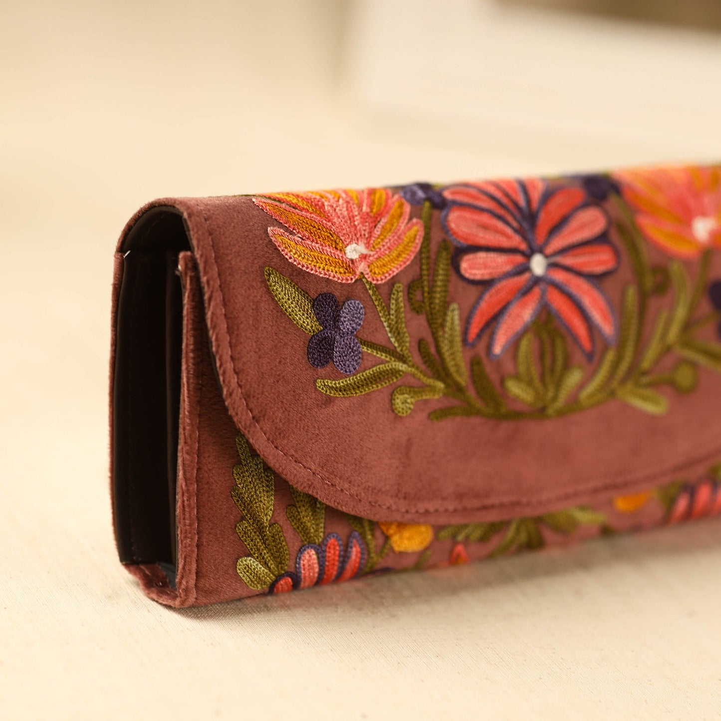 Brown Kashmiri Crewel Hand Embroidery Velvet Travel Wallet