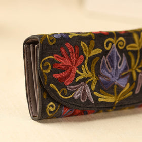 Brown Kashmiri Crewel Hand Embroidery Velvet Travel Wallet