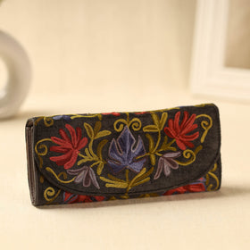Brown Kashmiri Crewel Hand Embroidery Velvet Travel Wallet