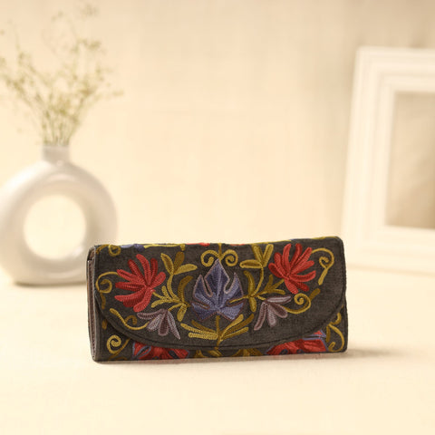 Brown Kashmiri Crewel Hand Embroidery Velvet Travel Wallet