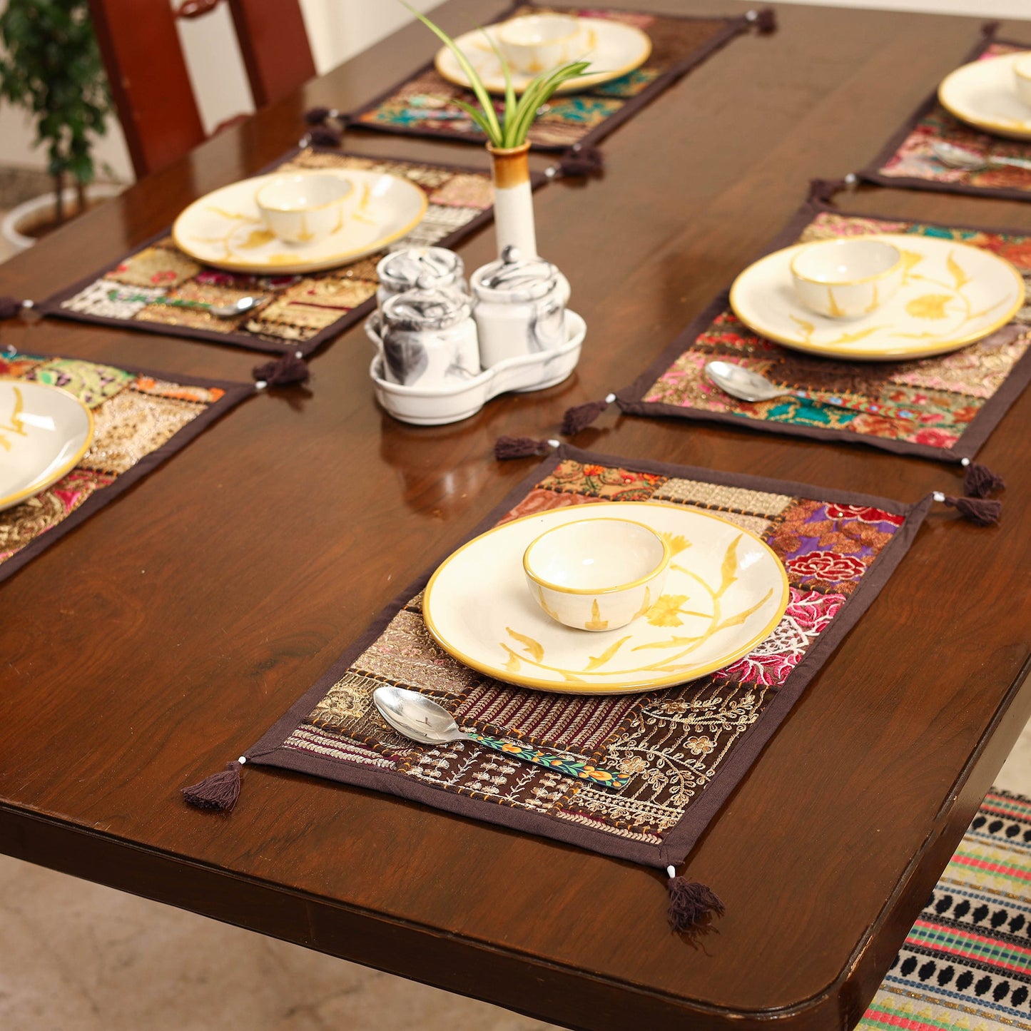 Brown - khambadiya patchwork cotton table mats (set of 6)