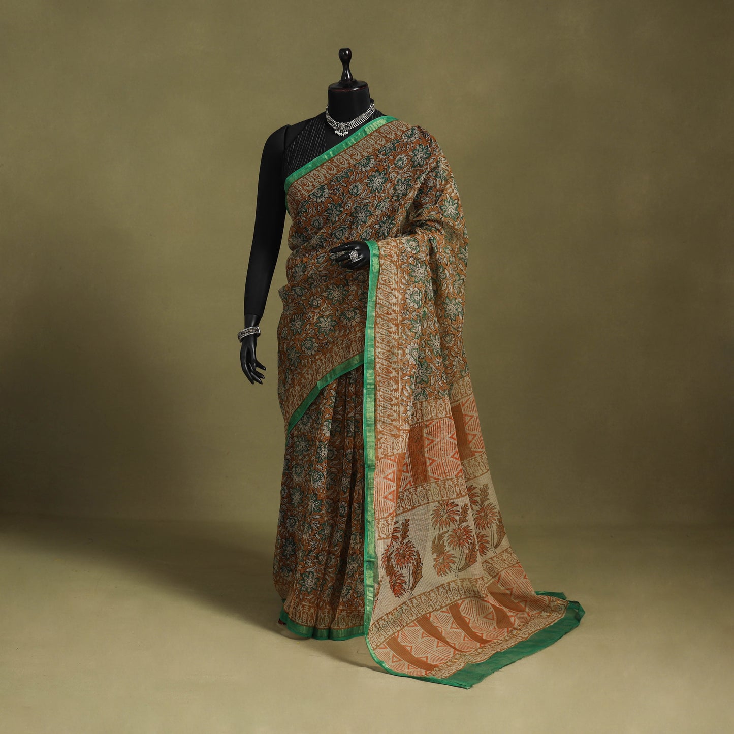 Brown - kota doria cotton bagru saree 18 - handcrafted