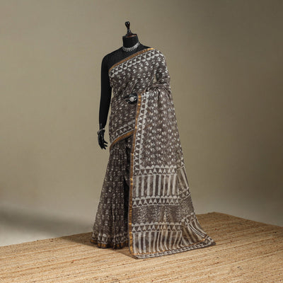 Brown - kota doria cotton bagru saree 25 - handcrafted