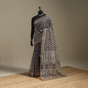 Brown - kota doria cotton bagru saree 25 - handcrafted