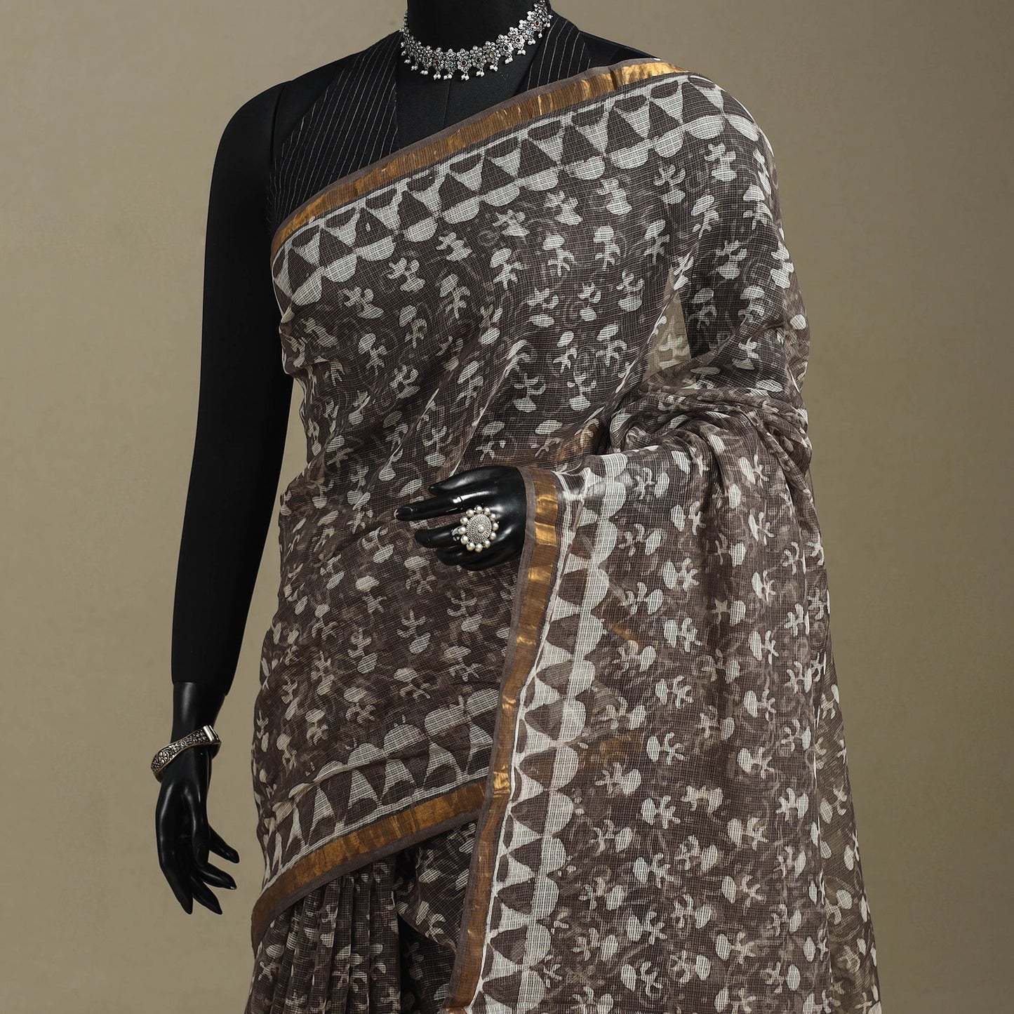 Brown - kota doria cotton bagru saree 25 - handcrafted