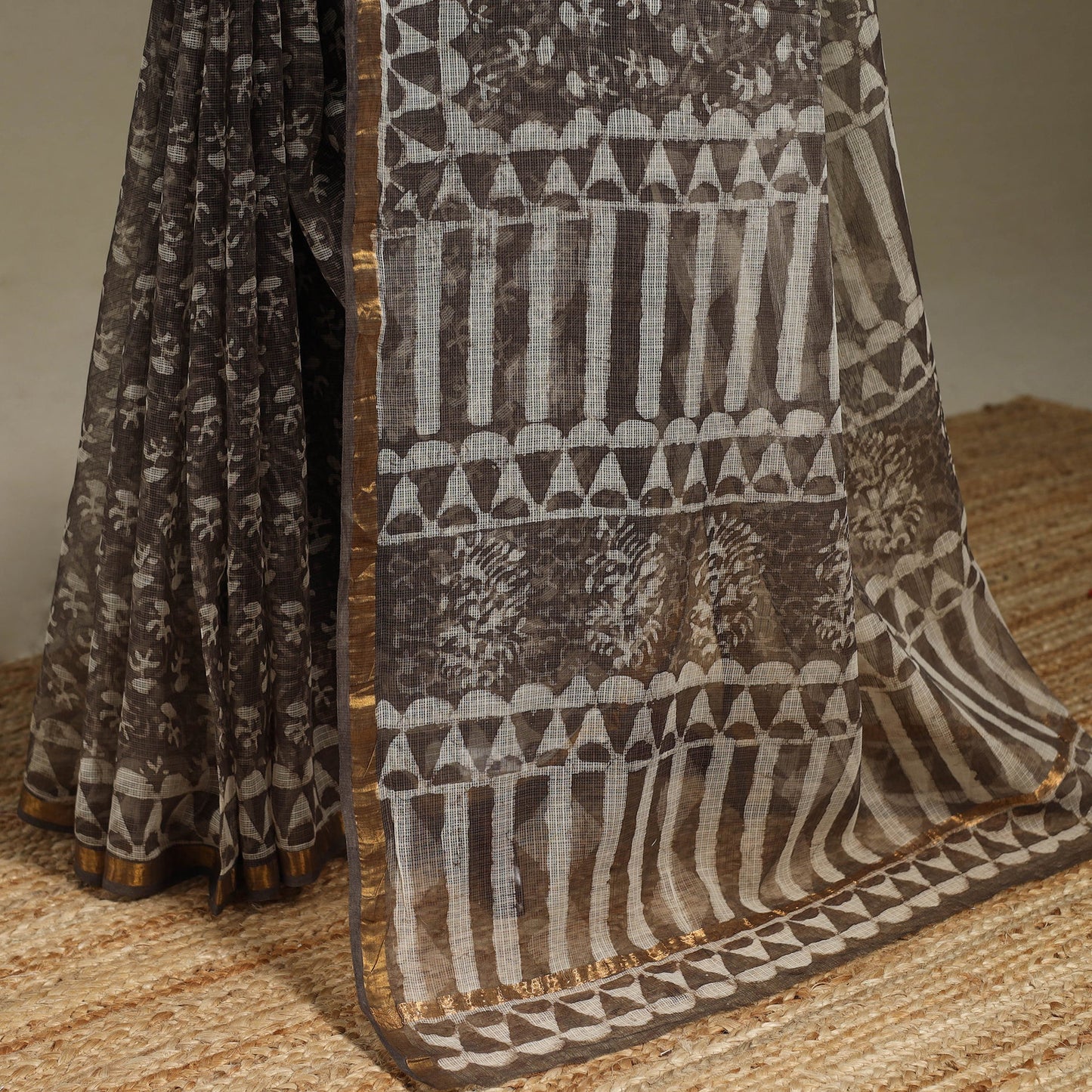 Brown - kota doria cotton bagru saree 25 - handcrafted
