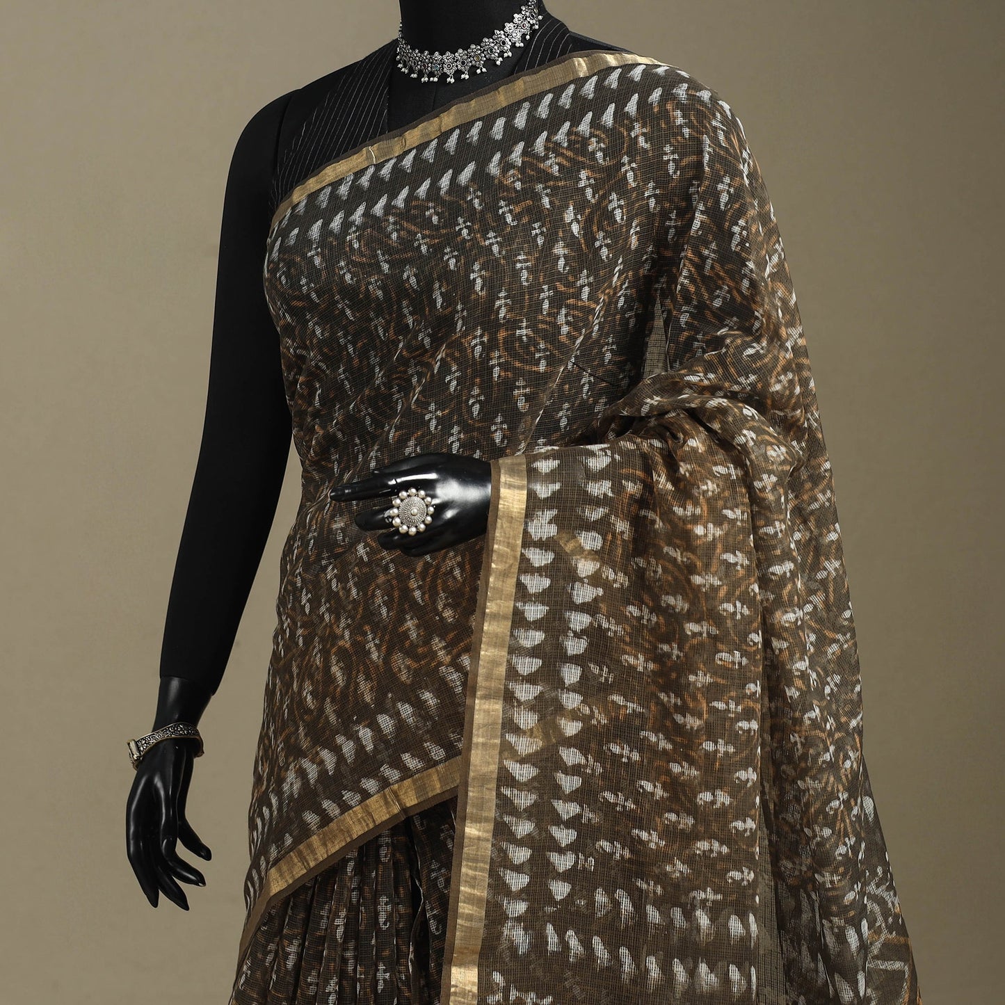 Brown - kota doria cotton bagru saree 26 - handcrafted