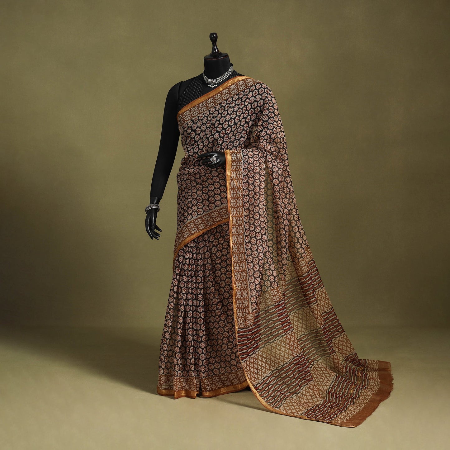 Brown - kota doria cotton bagru saree 29 - handcrafted