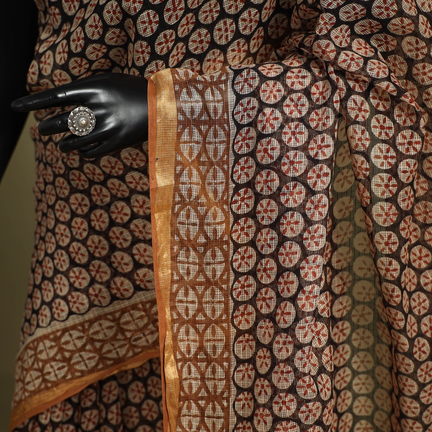 Brown - kota doria cotton bagru saree 29 - handcrafted