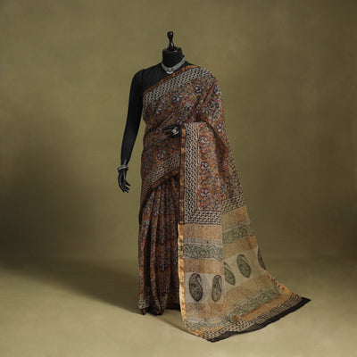 Brown - kota doria cotton bagru saree 31 - handcrafted