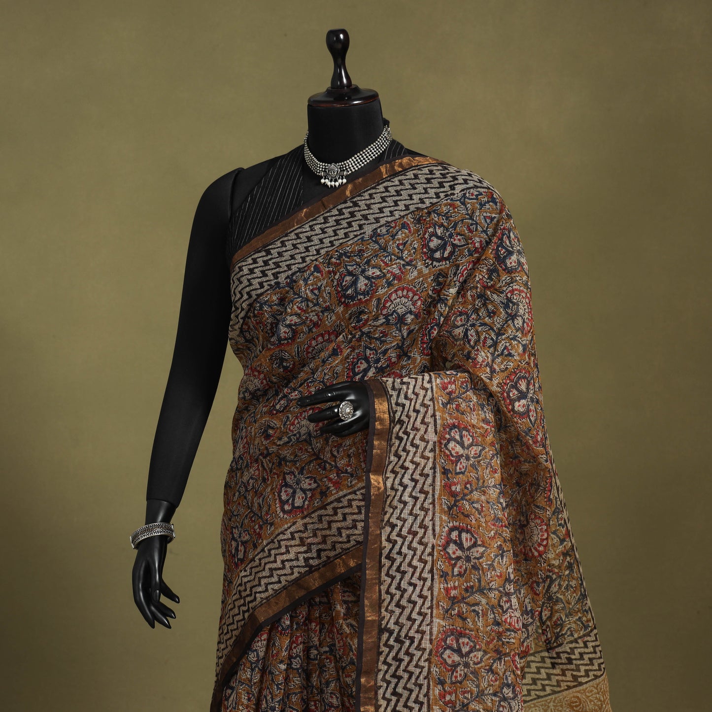 Brown - kota doria cotton bagru saree 31 - handcrafted