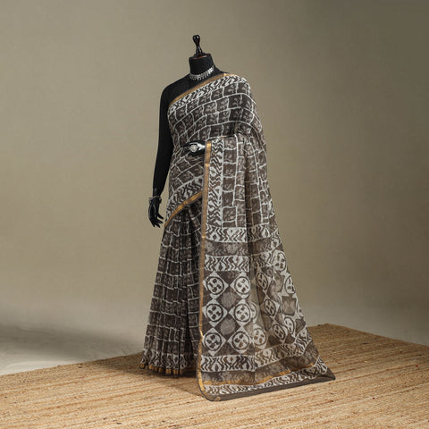 Brown - kota doria cotton bagru saree with zari border 20