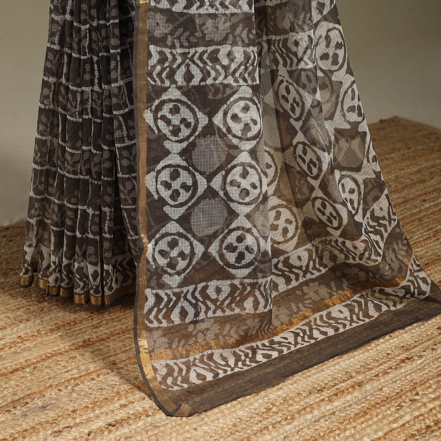 Brown - kota doria cotton bagru saree with zari border 20