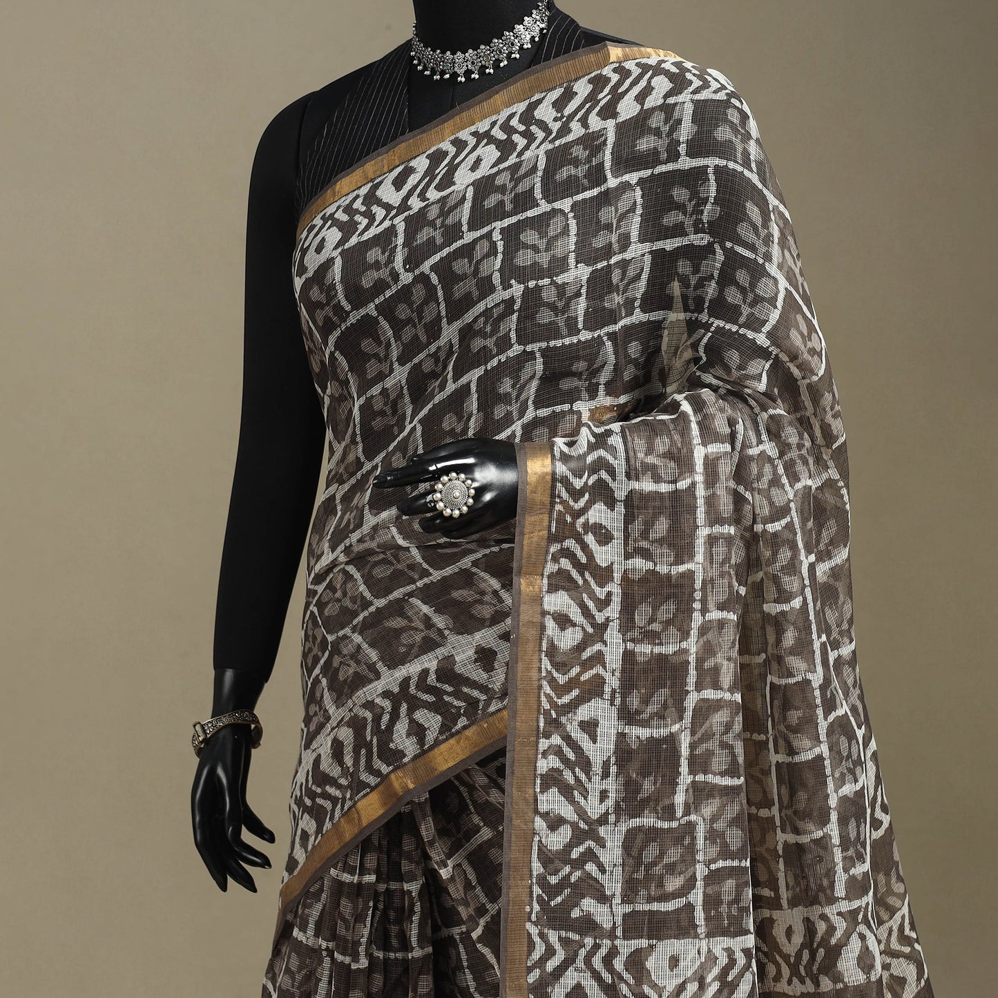 Brown - kota doria cotton bagru saree with zari border 20