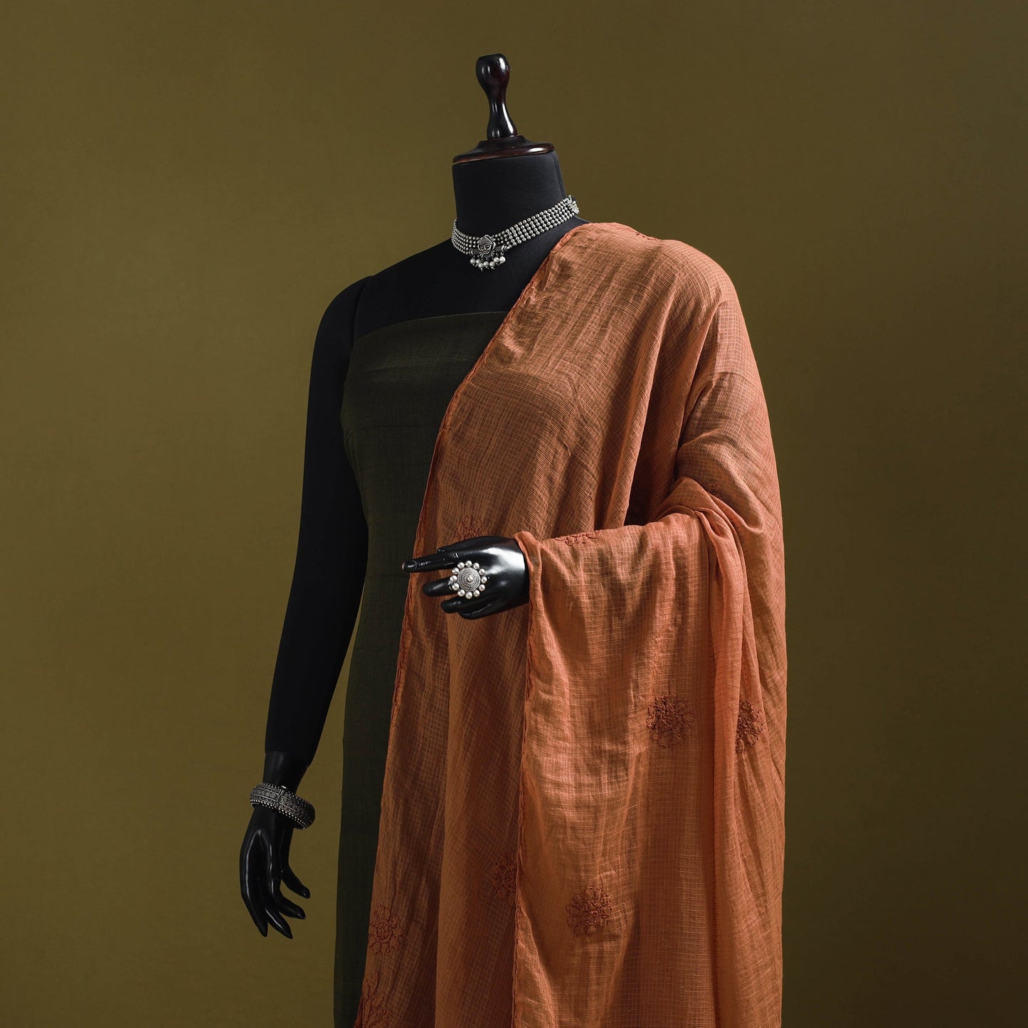 Brown - kota doria cotton hand embroidered lucknowi