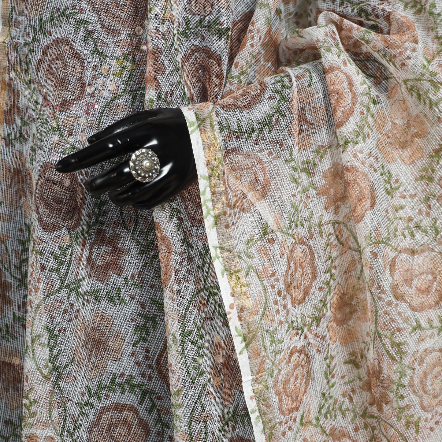 Brown Block Print Kota Doria Cotton Sanganeri Floral Dupatta 