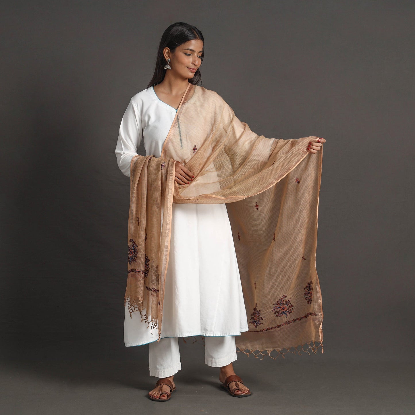 Brown - kota doria silk cotton kashida embroidery dupatta