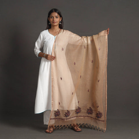 Brown - kota doria silk cotton kashida embroidery dupatta