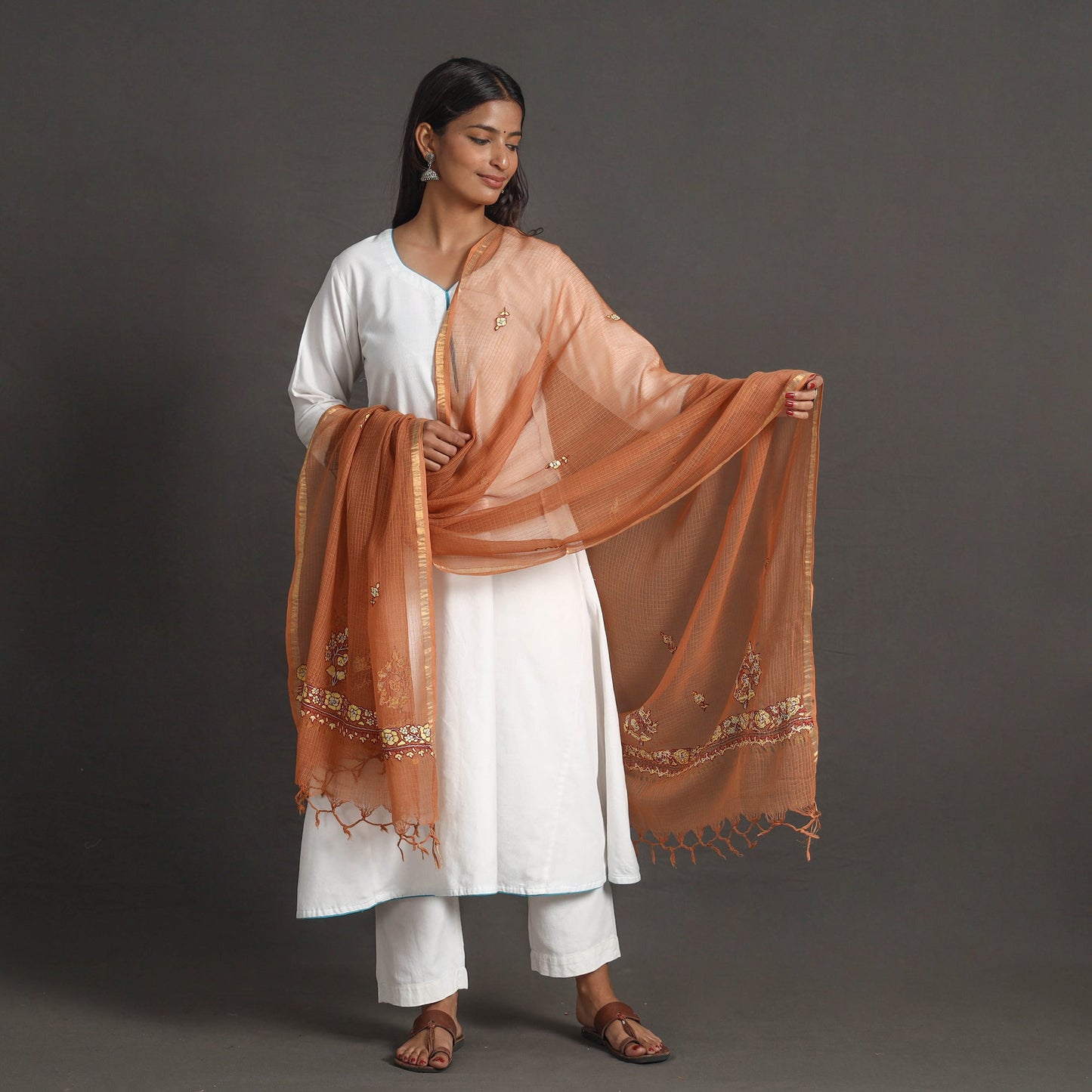 Brown - kota doria silk cotton kashida embroidery dupatta
