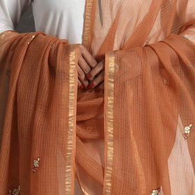 Brown - kota doria silk cotton kashida embroidery dupatta