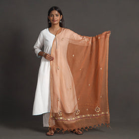 Brown - kota doria silk cotton kashida embroidery dupatta