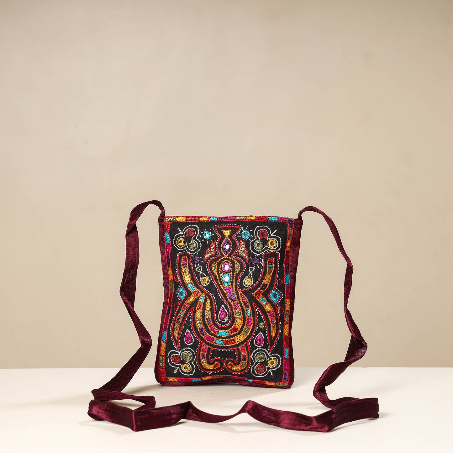 Brown - kutch ahir embroidery mashru silk sling bag
