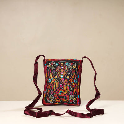 Brown - kutch ahir embroidery mashru silk sling bag