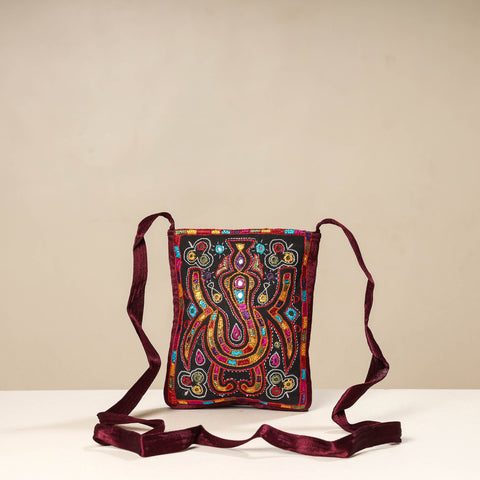 Brown - kutch ahir embroidery mashru silk sling bag