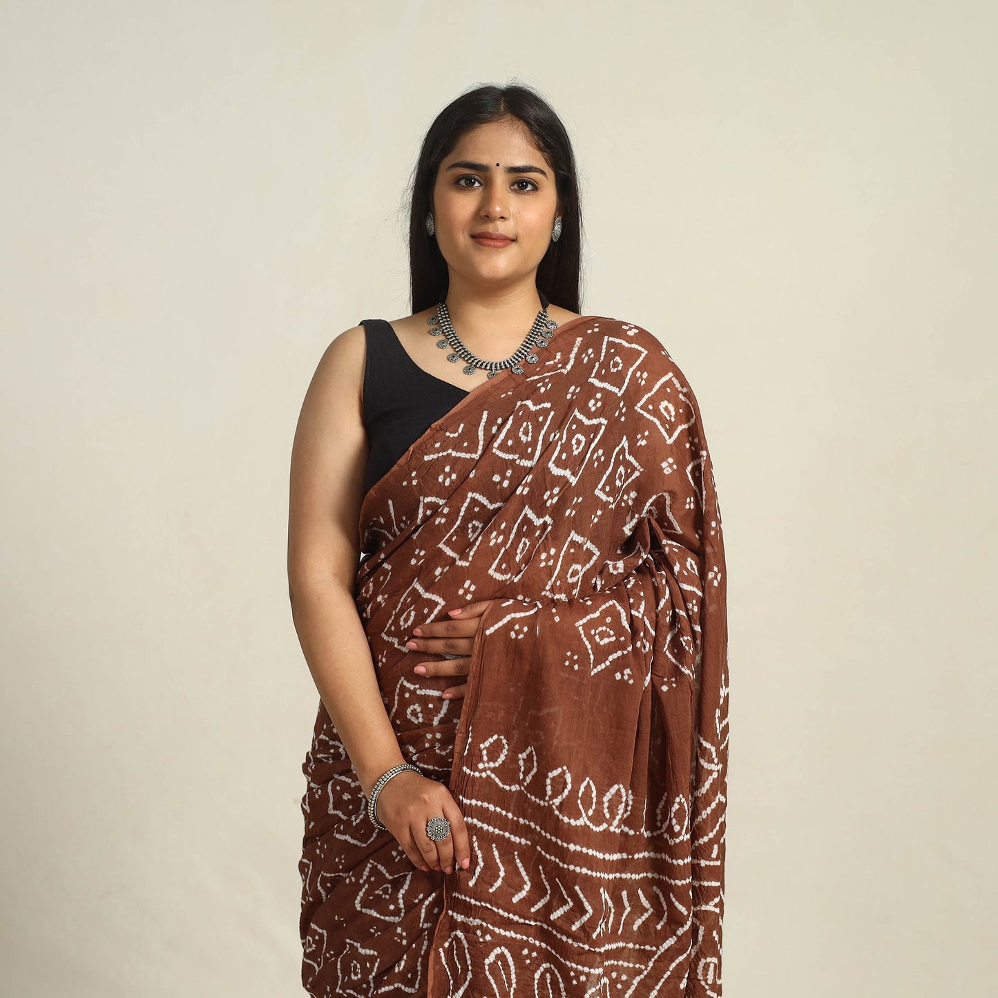 Brown - Kutch Bandhani Tie-Dye Cotton Saree with Blouse Piece