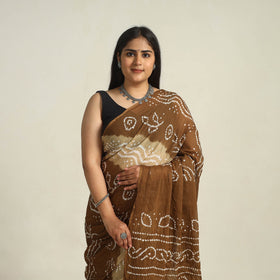 Brown - kutch bandhani tie-dye cotton saree with blouse
