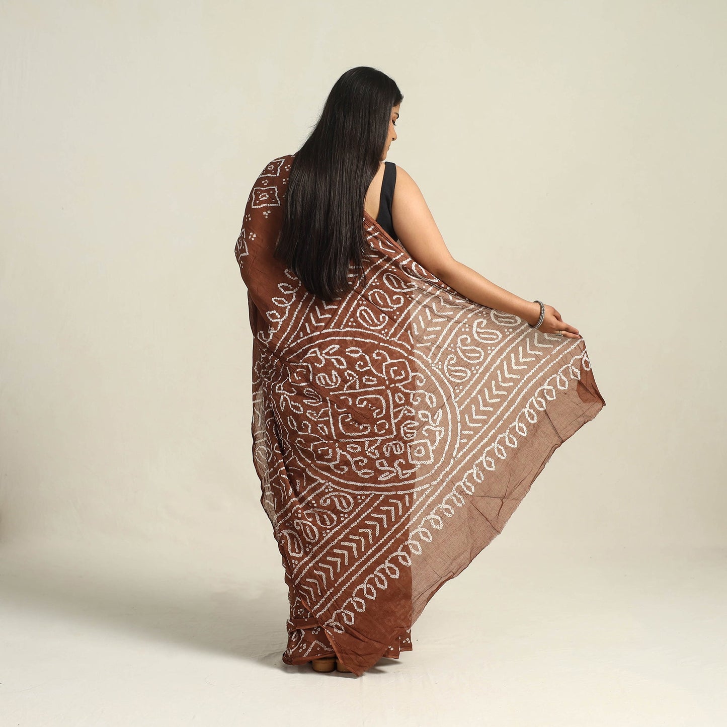 Brown - Kutch Bandhani Tie-Dye Cotton Saree with Blouse Piece