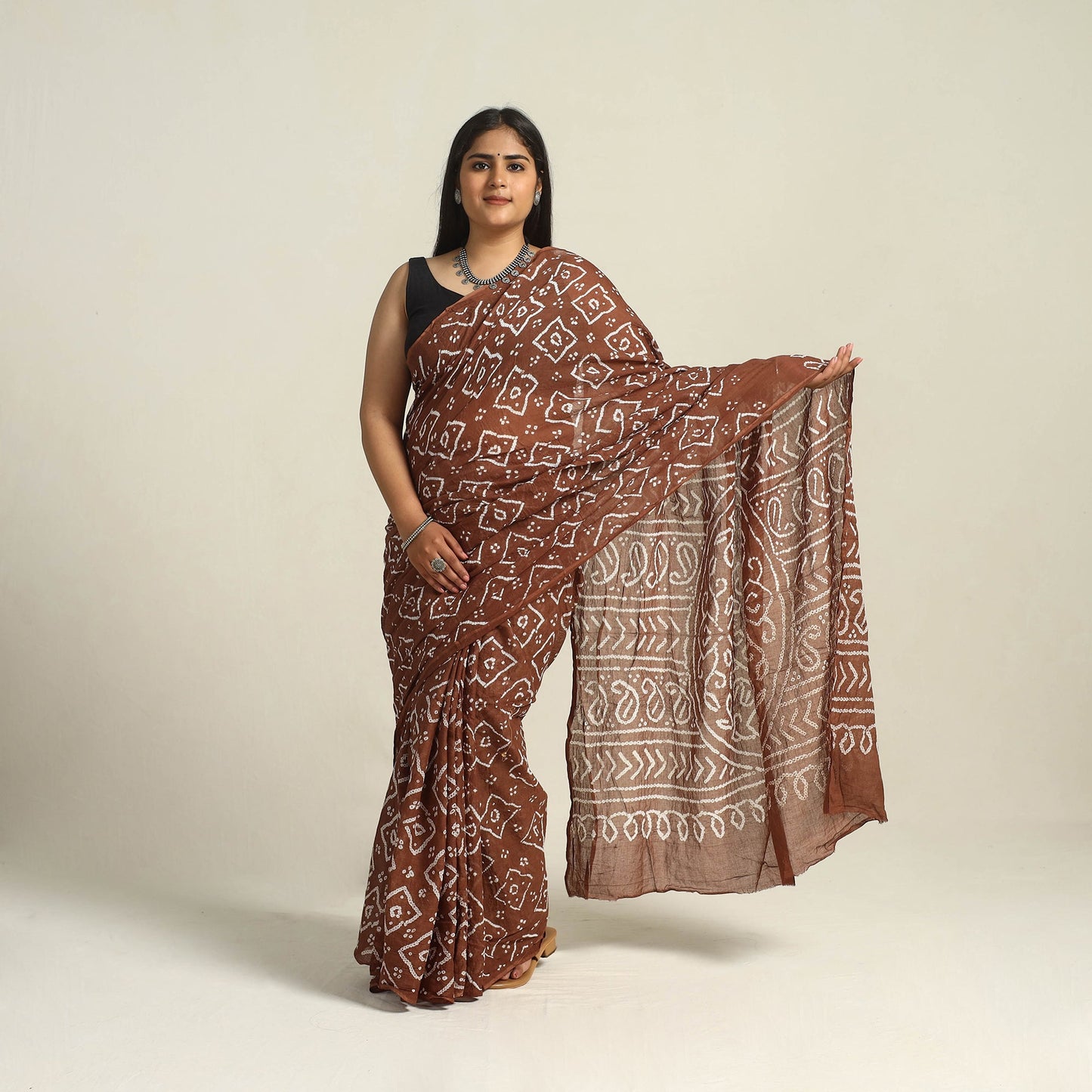 Brown - Kutch Bandhani Tie-Dye Cotton Saree with Blouse Piece