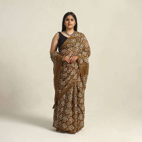Brown - Kutch Bandhani Tie-Dye Cotton Saree with Blouse Piece