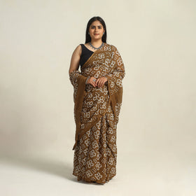 Brown - Kutch Bandhani Tie-Dye Cotton Saree with Blouse Piece