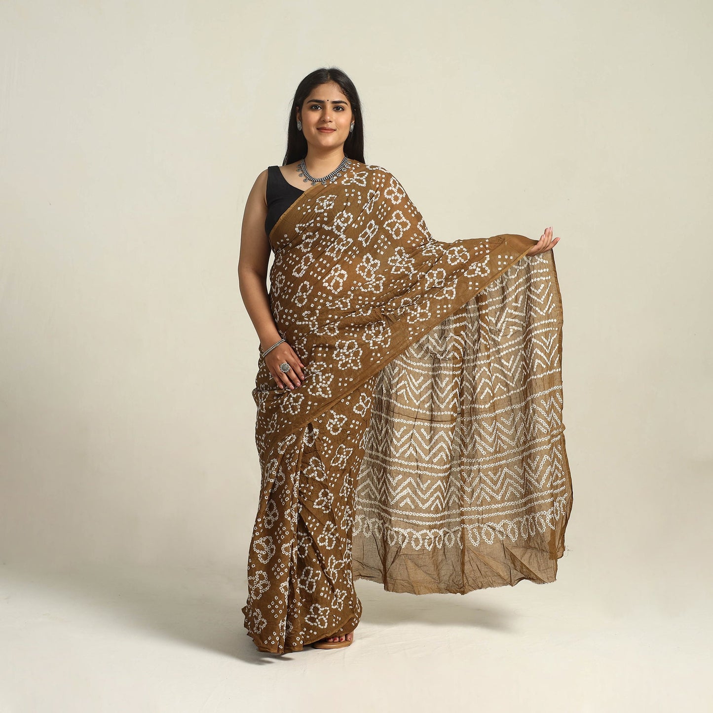 Brown - Kutch Bandhani Tie-Dye Cotton Saree with Blouse Piece