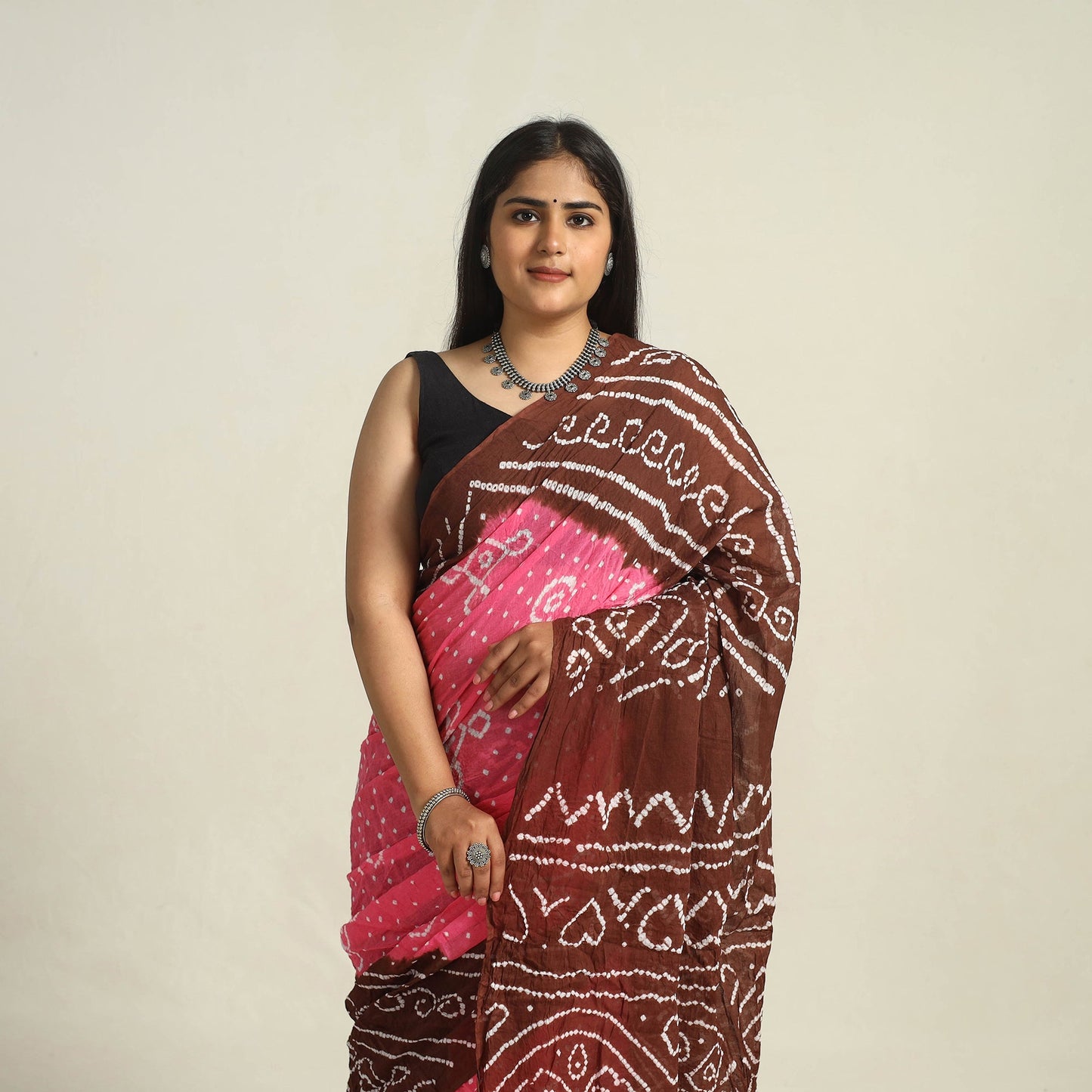 Brown - Kutch Bandhani Tie-Dye Cotton Saree with Blouse Piece