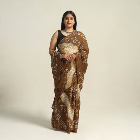 Brown - kutch bandhani tie-dye cotton saree with blouse