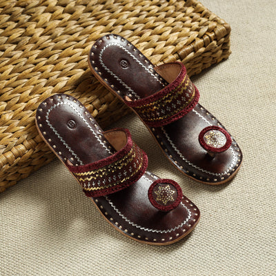 Brown Kutch Embroidery Handstitched Leather Flat Slippers