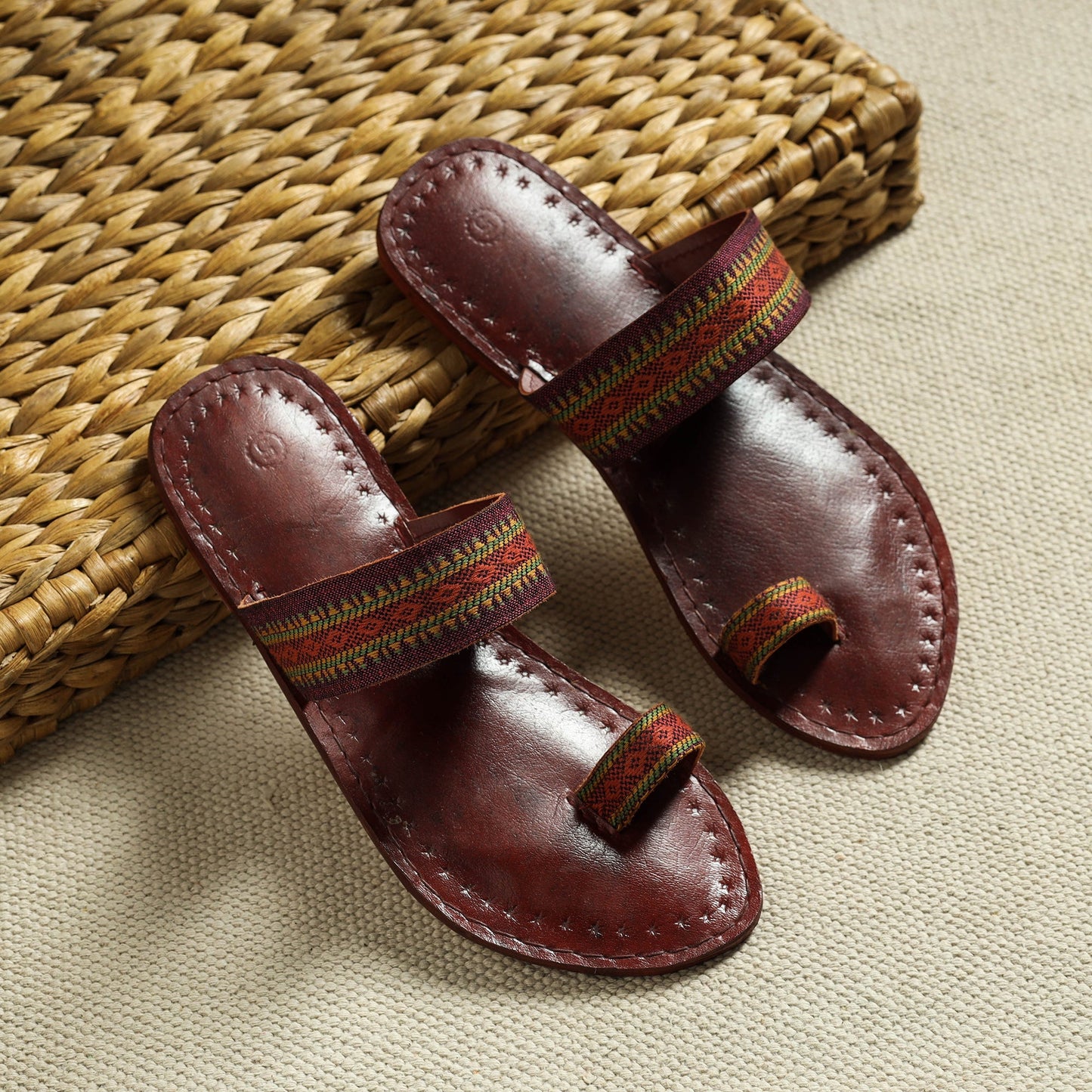 Brown Kutch Embroidery Handstitched Leather Flat Slippers