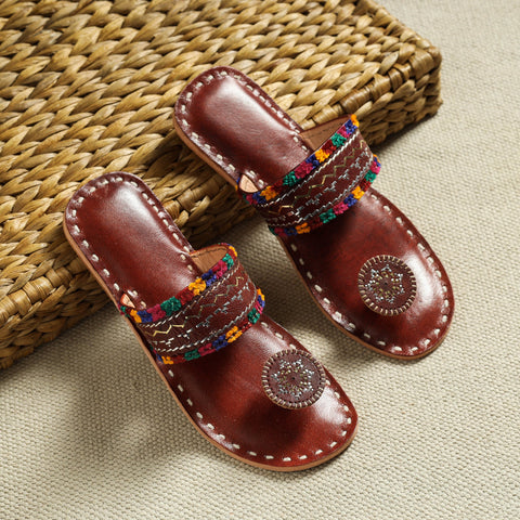 Brown Kutch Embroidery Handstitched Leather Flat Slippers