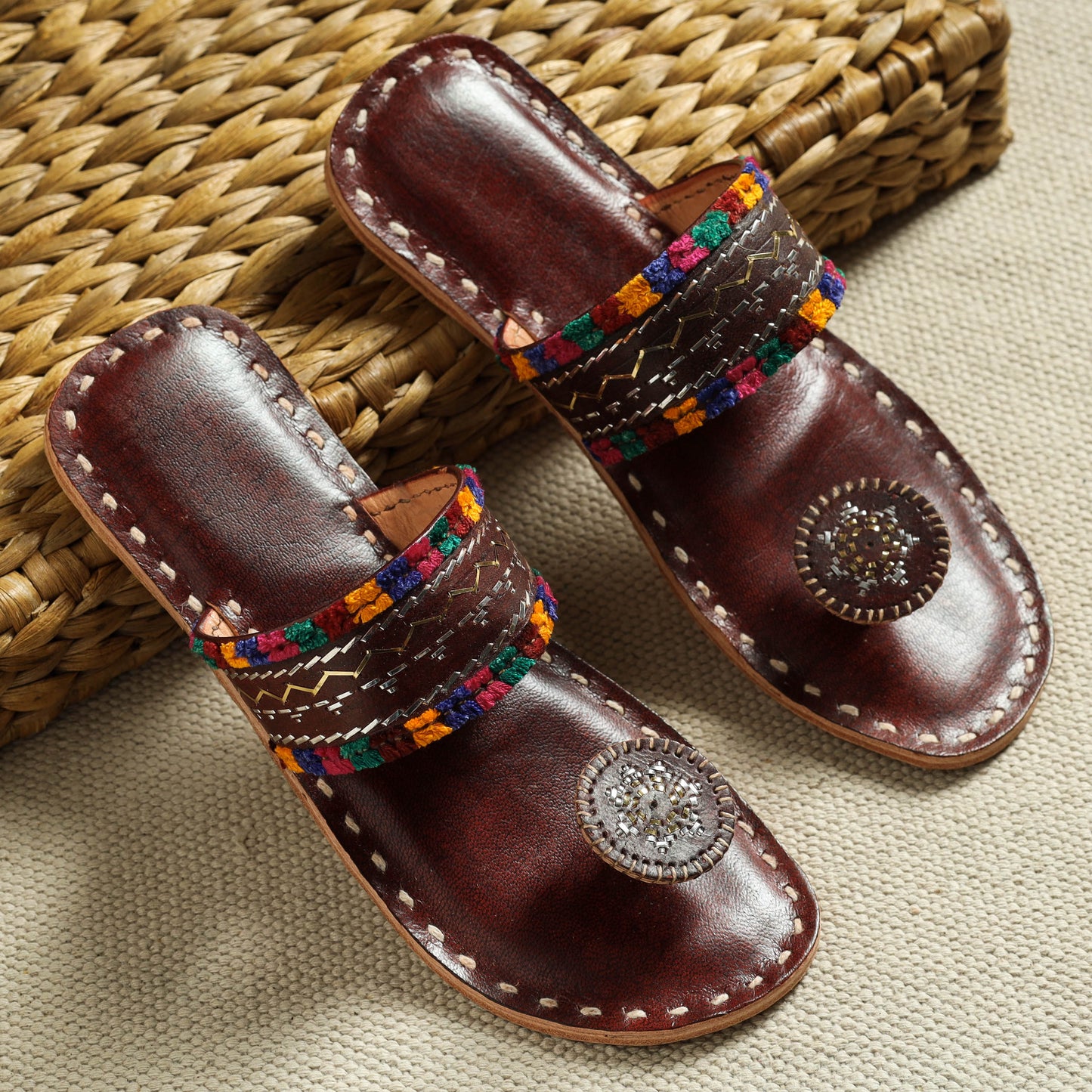 Brown Kutch Embroidery Handstitched Leather Flat Slippers