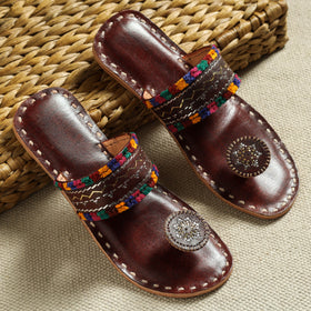 Brown Kutch Embroidery Handstitched Leather Flat Slippers