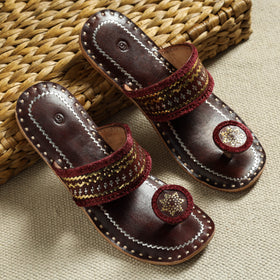 Brown Kutch Embroidery Handstitched Leather Flat Slippers