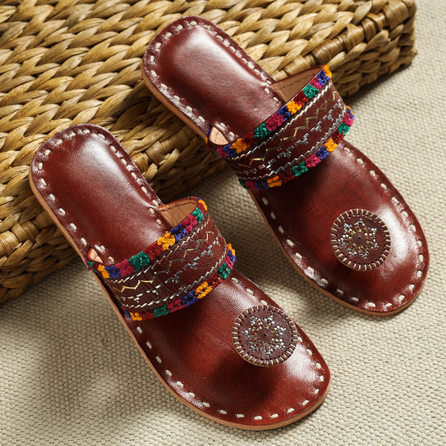 Brown Kutch Embroidery Handstitched Leather Flat Slippers
