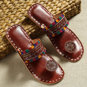 Brown Kutch Embroidery Handstitched Leather Flat Slippers