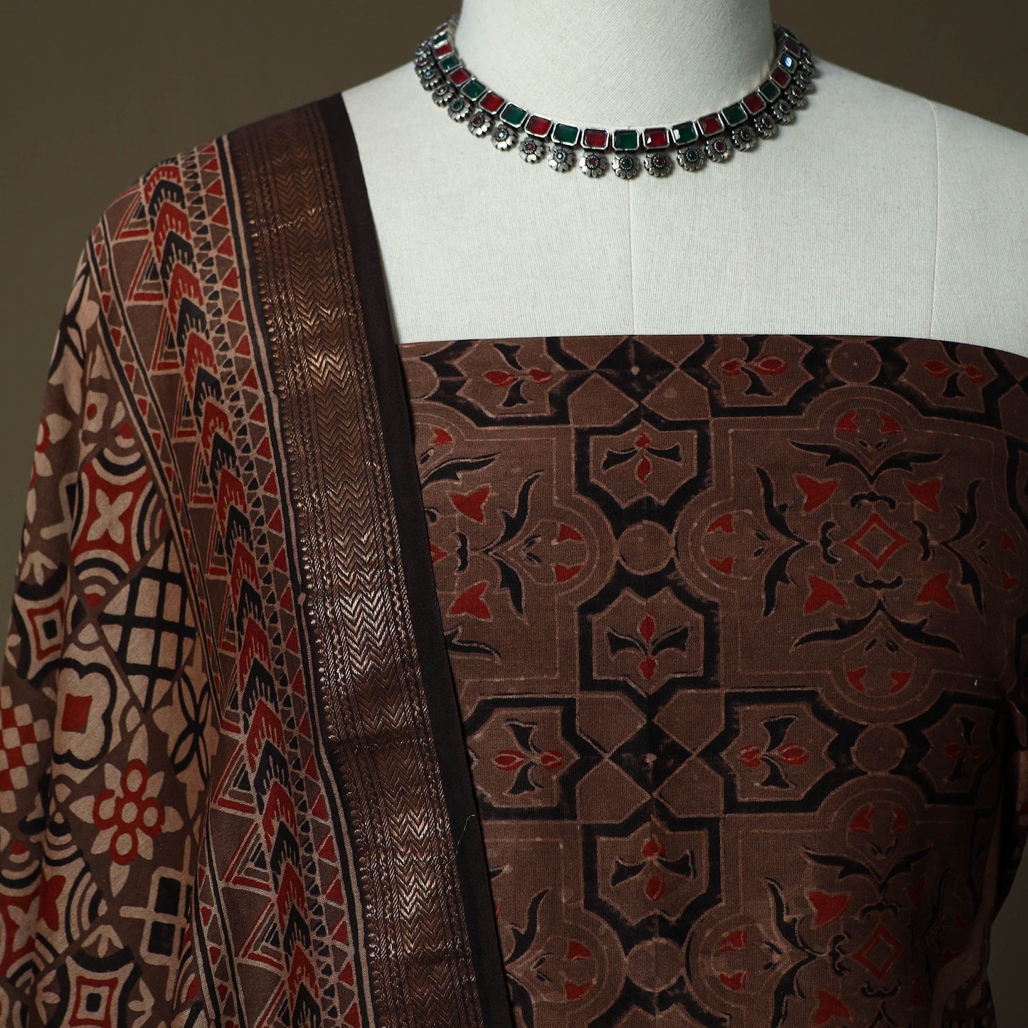Kutch hand block ajrakh print natural dyed chanderi silk